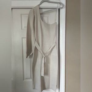 Lulu’s Cozy Glam Ivory Metallic One-Shoulder Sweater Dress